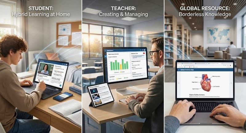 Digital learning path on screen shows AI networks, coding for computer science, progress tracking