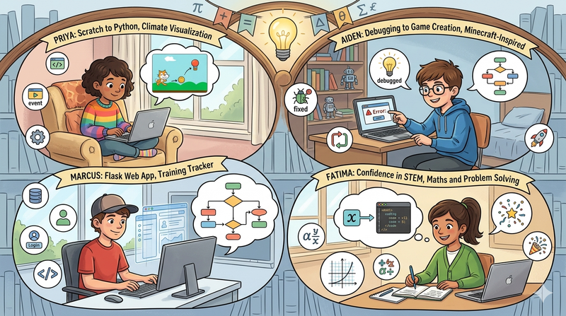 kids who code: montage of children at different ages showing their coding projects on screens, proud and engaged