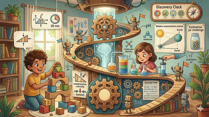 STEM activities for kids at home: child engaged in a hands-on science experiment on a kitchen table, measuring and recording results