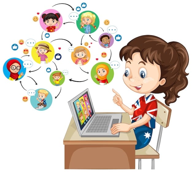 Free Vector a girl using laptop for communicate video conference with friends on white background