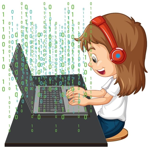 Free Vector a girl using laptop with binary code