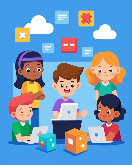 Vector a group of children at a coding workshop learning how to use draganddrop blocks to code their own