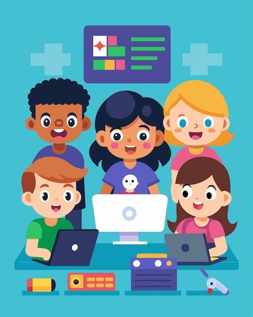 Vector a group of kids work together to program a basic video game using an online coding platform cheering