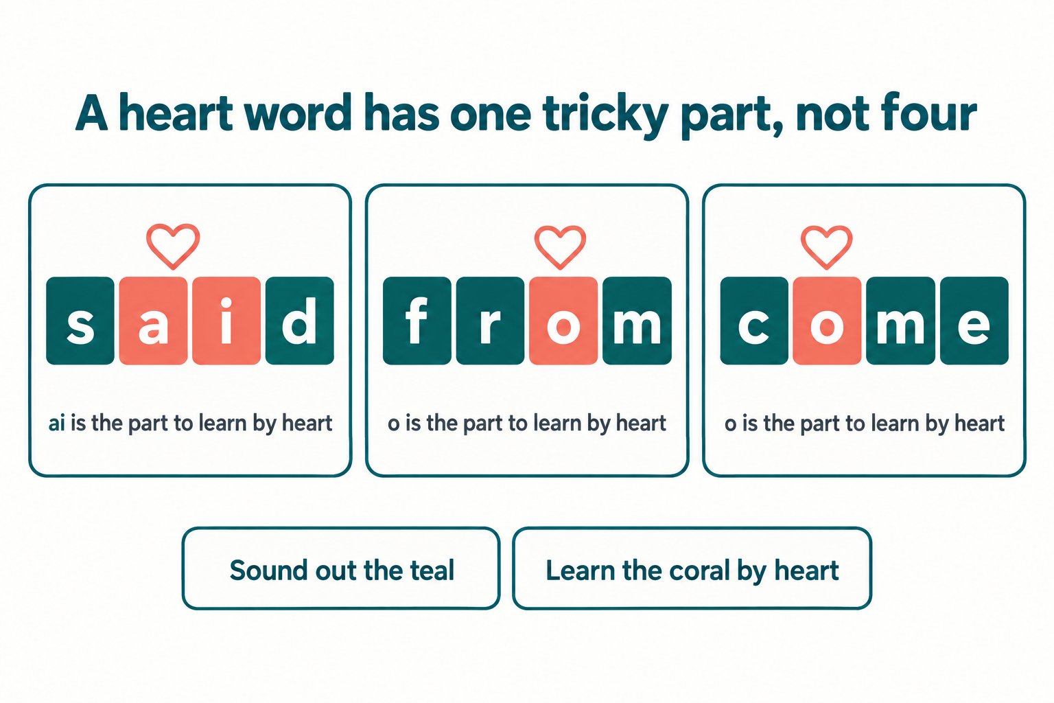 Letter-by-letter breakdown of the words said, from and come, with the regular letters marked in one colour and the single irregular part marked with a heart above it