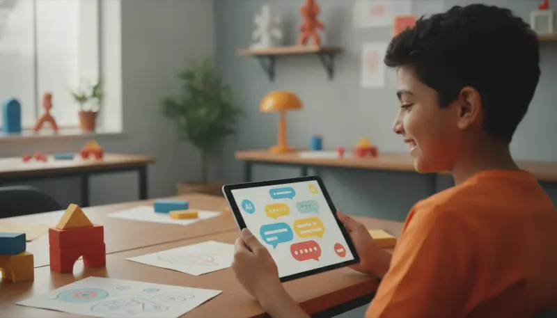 An Indian child excitedly shows a colorful AI chatbot project on a tablet screen