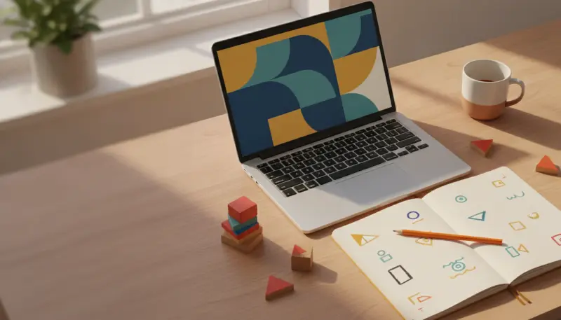Top-down flat-lay of a desk with tablet, colorful math blocks, and notebook.
