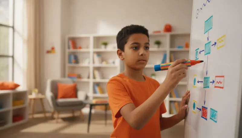 Child explaining a hand-drawn Scratch coding diagram on whiteboard