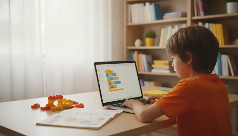 Child focused on Scratch coding on laptop in bright, modern room.