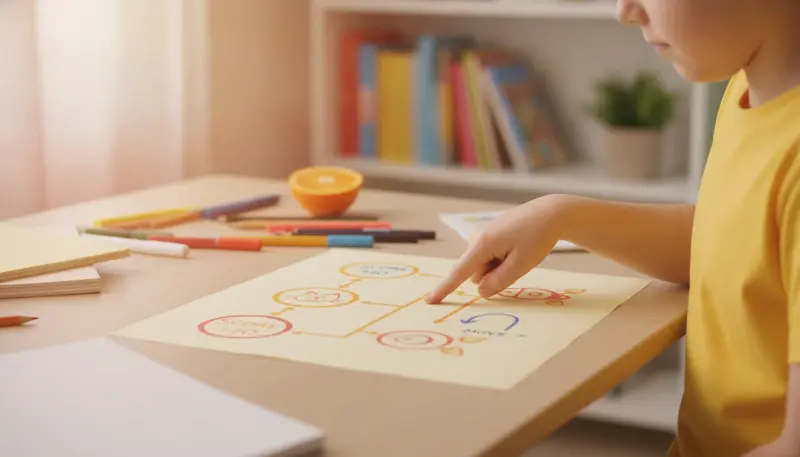 Child's hand pointing at game design sketches on paper