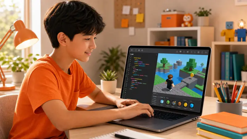 Student coding a Roblox-style game on a laptop.