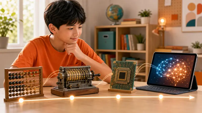 Student exploring a timeline from abacus to modern computing.