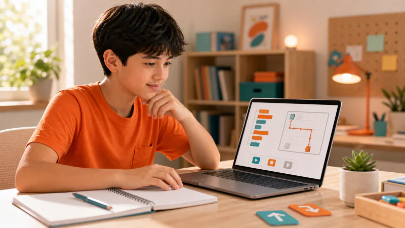 Student working through a coding puzzle step by step.