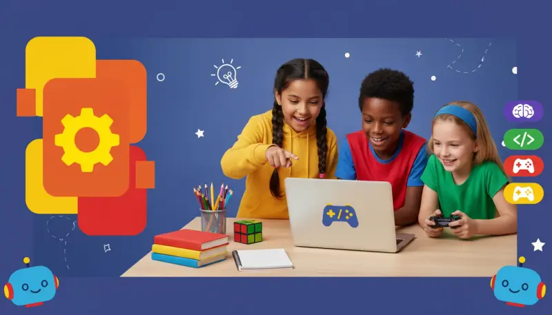 Black child coding a game on a laptop, viewed over-the-shoulder.