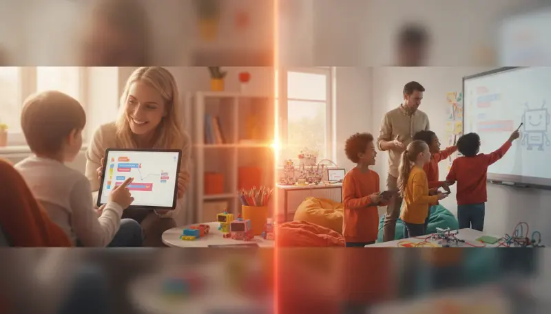 Top-down flat-lay of a child's coding workspace with laptop, notebook, and colorful blocks