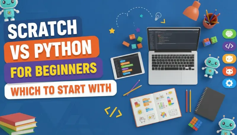 Top-down flat-lay of a coding desk with laptop, Scratch-like blocks, Python code, and robot parts.