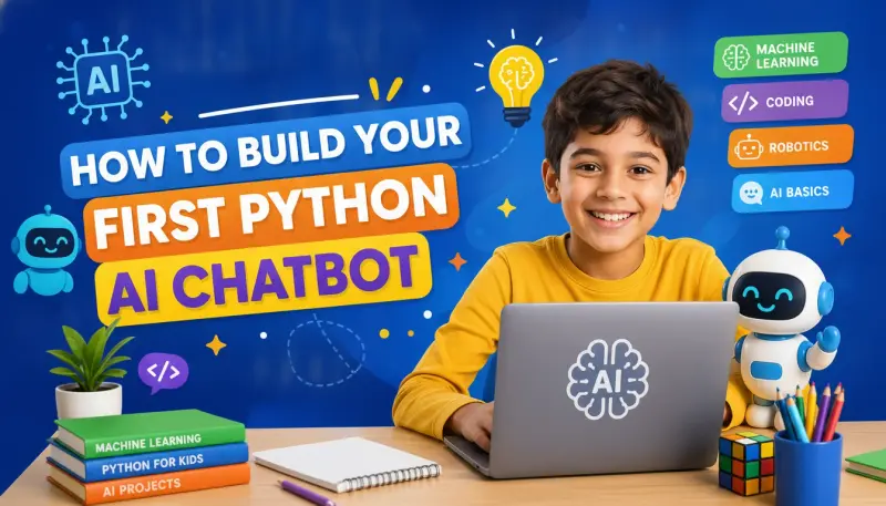 Child building Python AI chatbot on laptop in bright study space.