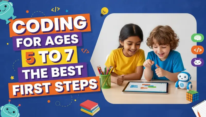Happy 6-year-old coding on a tablet, abstract yellow and orange background.