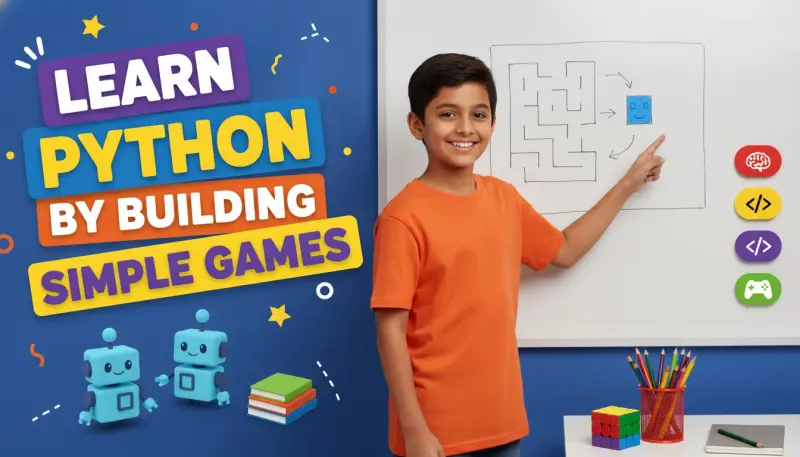 Child pointing at hand-drawn game logic on whiteboard.
