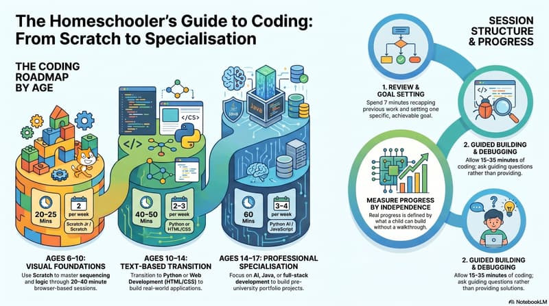homeschooling and coding: parent and child working through a Python project at a home desk, parent asking guiding questions