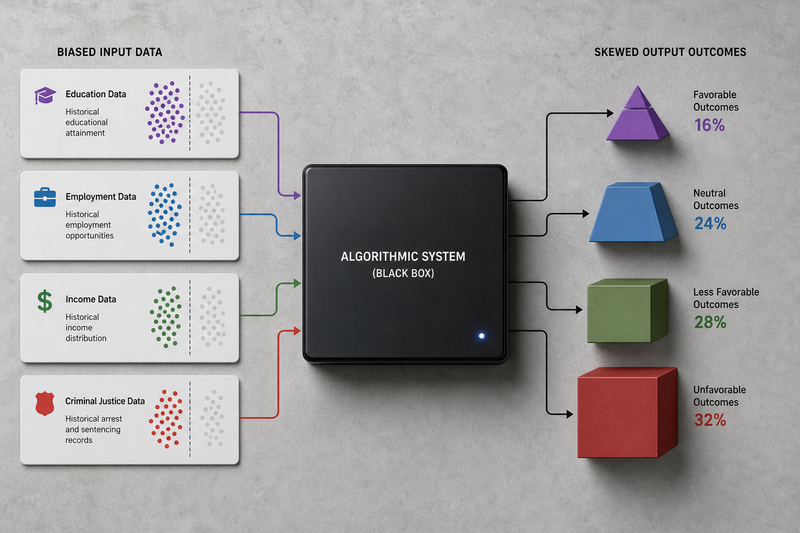 Diagram illustrating how biased training data can produce unfair AI outcomes, using simple examples such as facial recognition and loan approval decisions