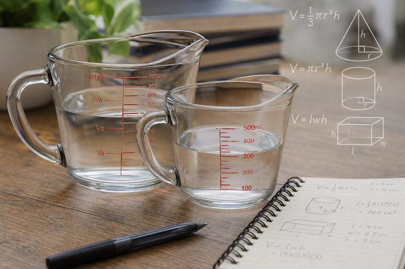 Step-by-step diagram of a kids math logic puzzle with number patterns, clock reasoning, and the 3-liter and 5-liter jug example