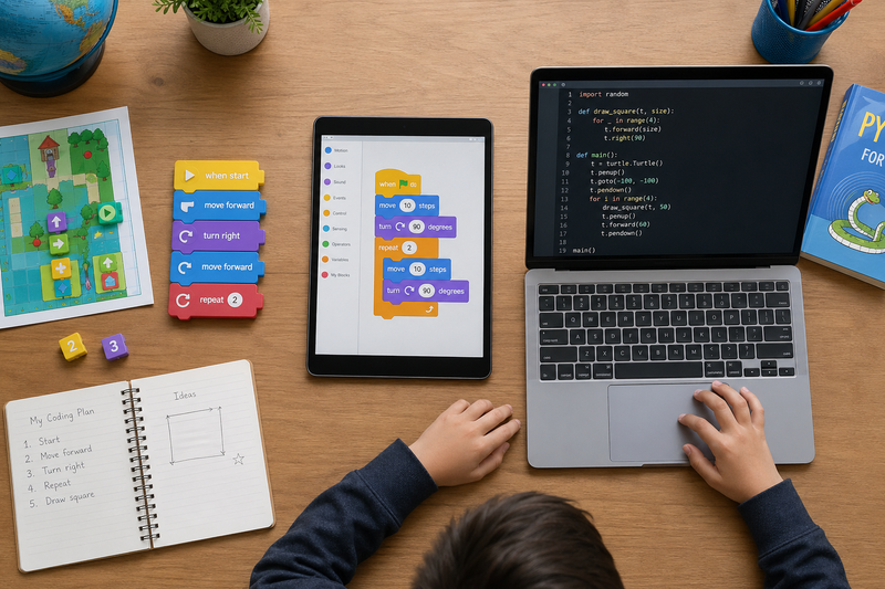Age-based learning roadmap for coding programs showing stages for ages 6 to 9, 10 to 13, and 14 to 17 with Scratch, text-based coding, and advanced projects