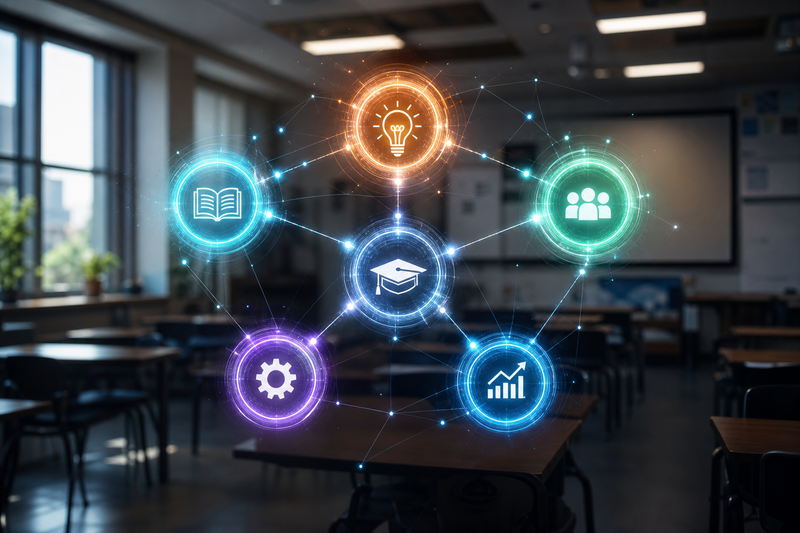 Illustrated infographic showing five coding education trends for kids in 2025: AI learning, gamification, AR/VR, collaboration, and cybersecurity.