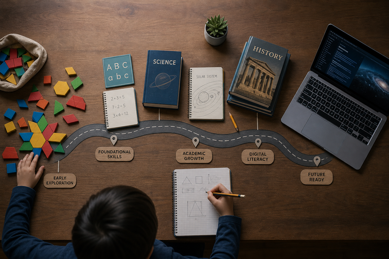 Age-based coding roadmap for children, showing recommended tools and skills from ages 5 to 17, including Scratch, Python, and JavaScript.