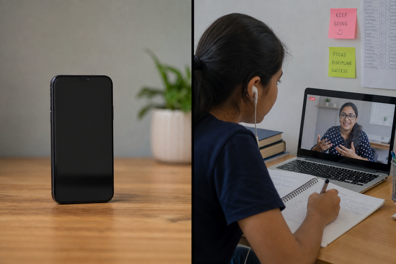 Online coding class scene with a child learning from a live instructor on video call, coding project on screen, and a structured lesson path displayed.