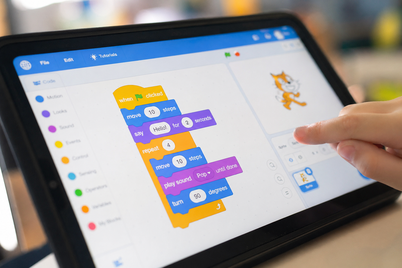 Illustration of young children using colorful block-based coding apps with drag-and-drop commands, characters, and simple game-like interfaces.