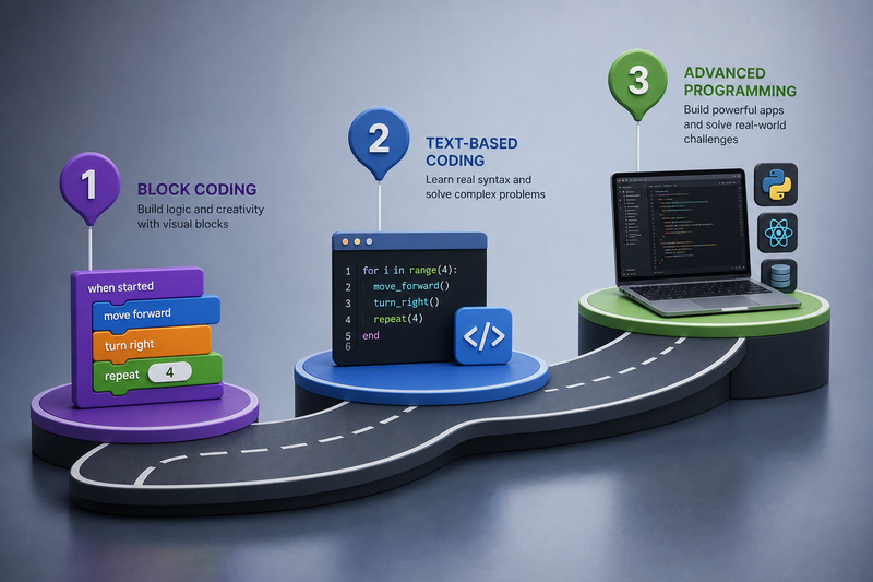 Learning roadmap for kids coding progression from Scratch to Python and then to JavaScript, Swift, Lua, or C++ by age and interest