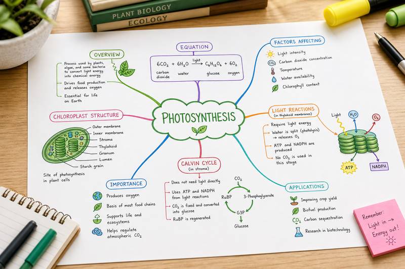 Example of science study visuals including a labeled biology diagram, a mind map connecting major science concepts, and digital flashcards for revision