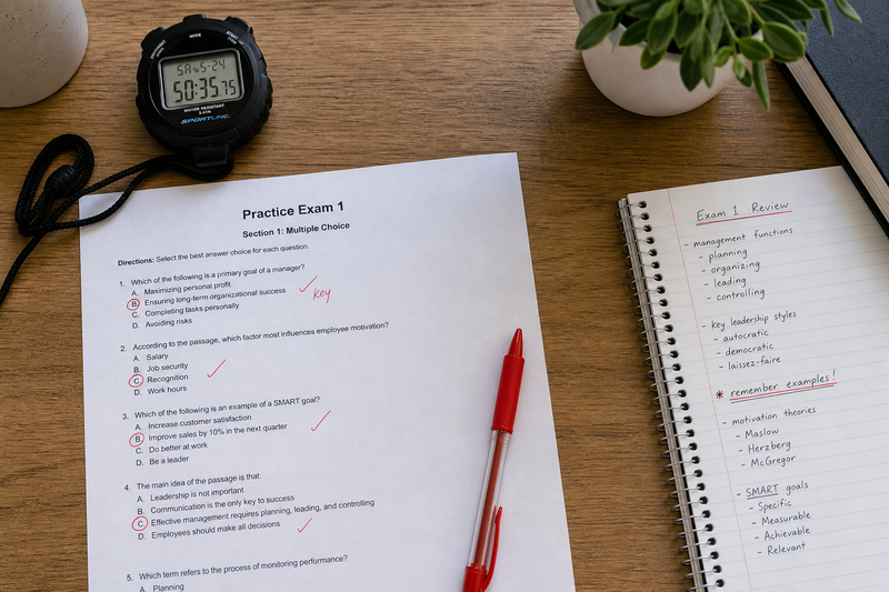 Student taking a timed science mock test with a desk timer, answer sheet, and checklist for reviewing mistakes afterward