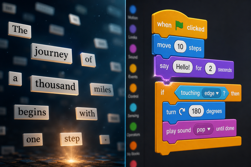 Side-by-side comparison of a sentence structure diagram and Scratch-style coding blocks to show how sequence affects meaning