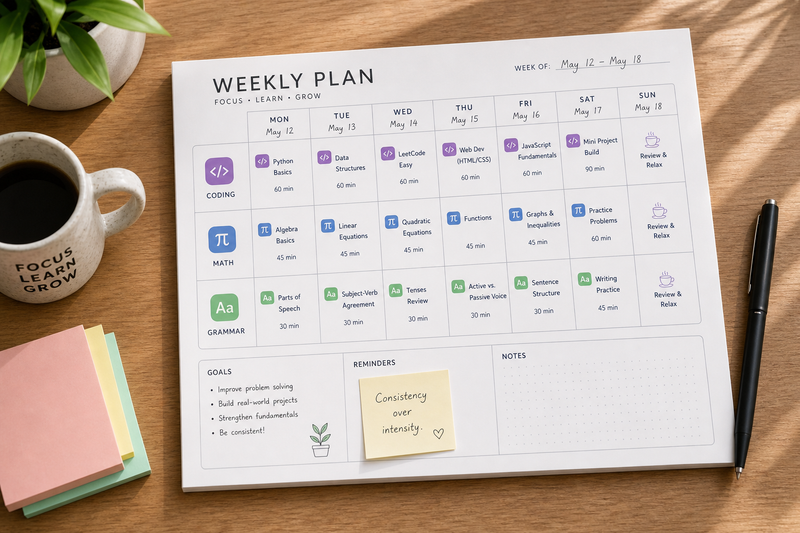 Weekly home learning schedule combining English grammar lessons with coding and math activities for kids