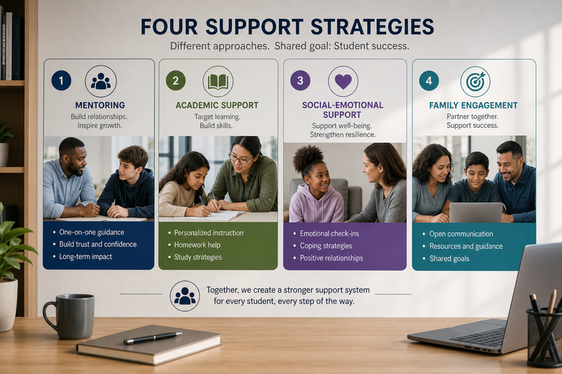 Visual summary chart of 12 strategies to help kids who hate math, grouped into diagnosis, anxiety reduction, daily habits, real-world learning, and professional support.
