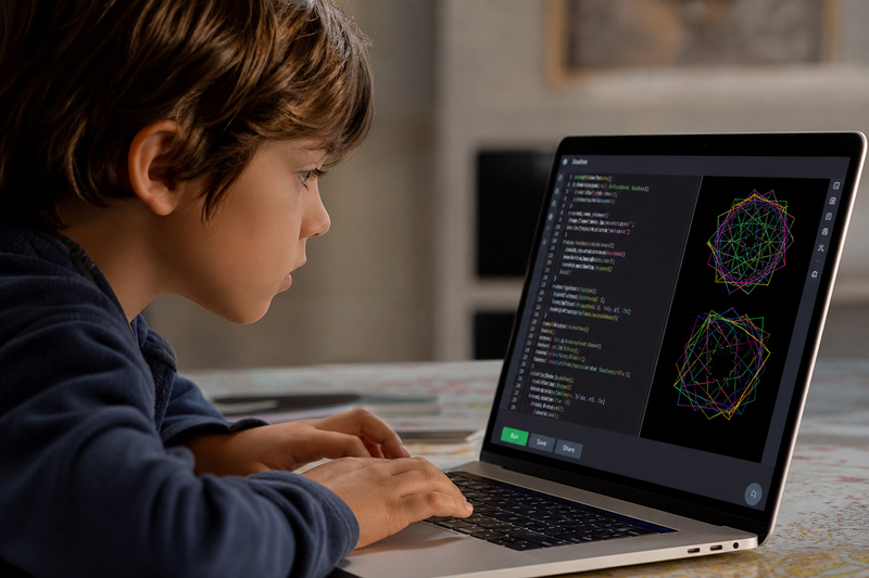 Diagram showing how coding activities like building calculators, plotting graphs, and debugging programs strengthen math skills such as logic, sequencing, and pattern recognition.