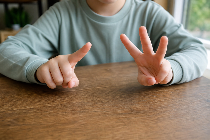 Hands demonstrating the 9-times finger trick with one finger folded down to show how left and right fingers form the answer.