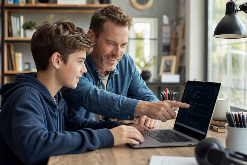 Parent supporting a child during an online game coding lesson, with a laptop screen showing a simple game project and notes nearby