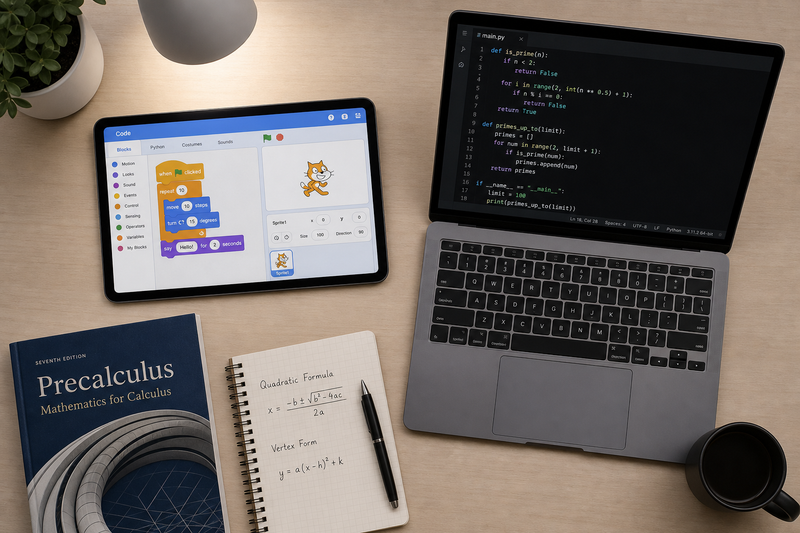 Parent action checklist for supporting a child's coding journey with steps including online coding classes, Scratch to Python transition, app development, math support, and healthy screen-time habits.