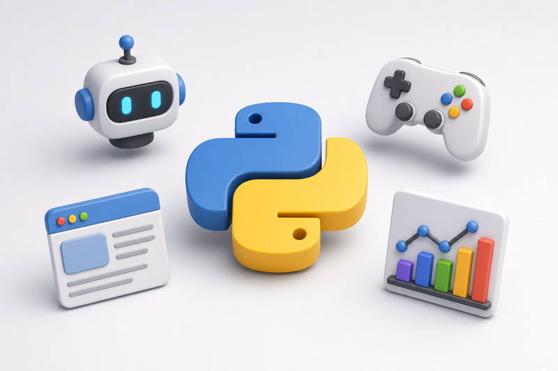 Infographic showing Python applications for kids: game development, web development, AI and machine learning, data science, app development, and robotics