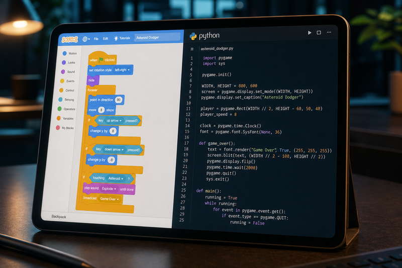 Learning pathway chart showing ages 6 to 9 using Scratch block coding and ages 10 and above transitioning to text-based Python programming