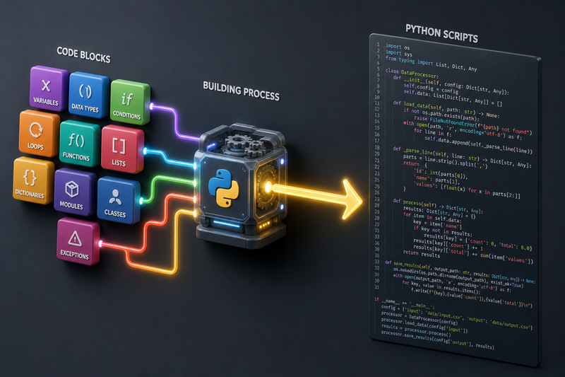 Learning pathway diagram showing progression from Scratch to Python to app development with shared concepts like loops, conditionals, and variables