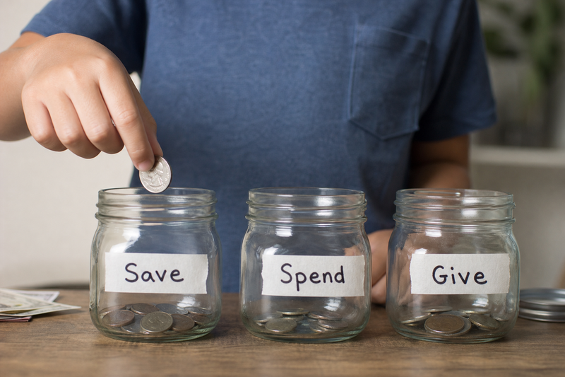 Three labeled jars for Spend, Save, and Give with coins and notes, showing a child learning basic saving habits