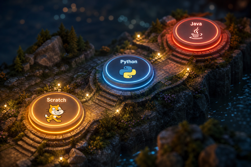 Step-by-step coding learning pathway for teens progressing from Scratch to Python to Java with key skills at each stage