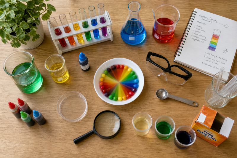 Collage of middle school kitchen science experiments including a volcano reaction, density rainbow, crystal jar, and DIY electromagnet