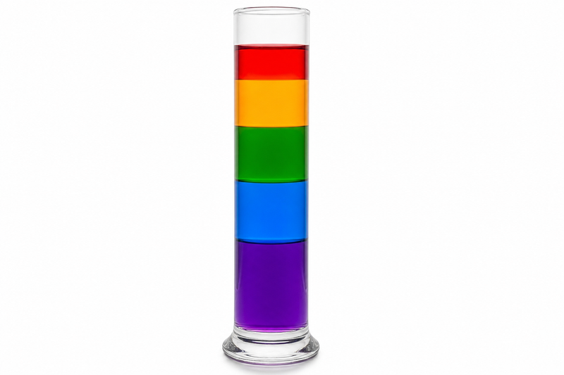 Tall clear glass showing layered liquids of different densities forming a colorful density rainbow