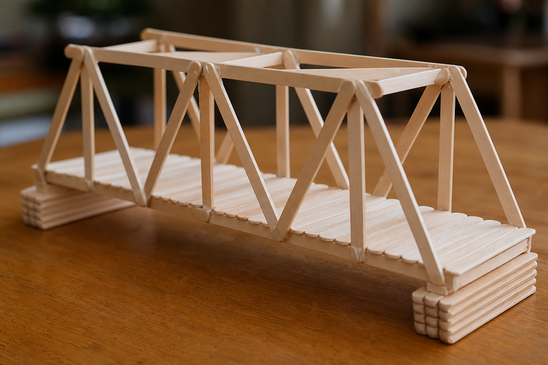 Popsicle stick bridge spanning a gap with weights placed on top to test structural strength