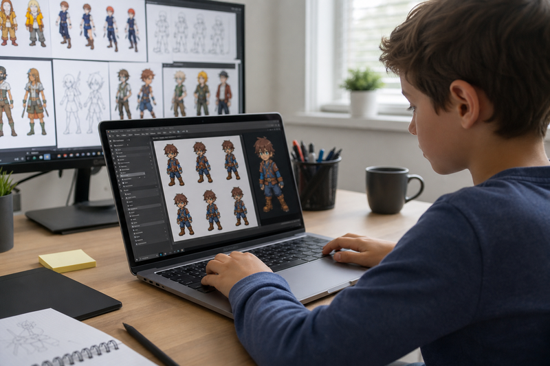 Diagram of a kid creating AI-generated character art, music, and dialogue, then importing those assets into a Scratch game project
