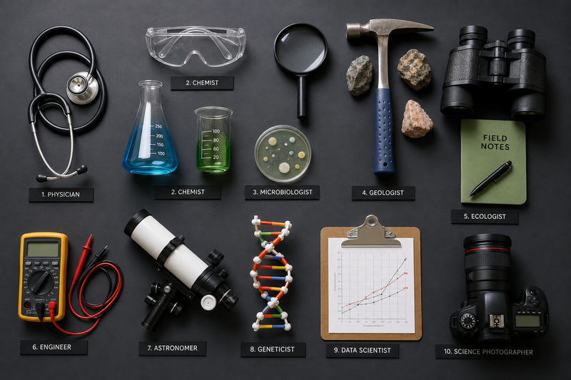 Infographic showing 10 online science class categories for kids mapped to future careers such as AI engineer, robotics engineer, environmental scientist, and epidemiologist